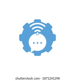 Signo vectorial de diseño del logotipo de la forma del engranaje wifi de chat. Icono de diseño del logotipo de chat wifi