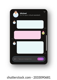 Chat window dark theme style for website and mobile app isolated on background. Social communication chatting, chat bot. Group text messaging app. Vector 10 eps