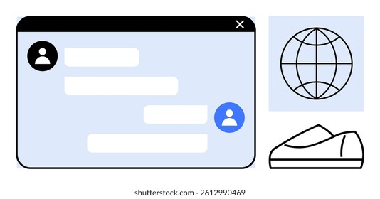 Chat window with user avatars and dialogue boxes, globe representing global network, and shoe icon. Ideal for e-commerce, customer support, international retail, online communication, web services