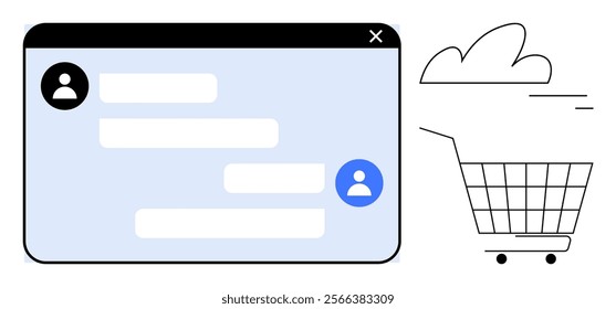 Chat window with user icons beside a shopping cart on wheels. Ideal for online shopping, e-commerce, customer support, digital communication, retail websites. Simple modern style