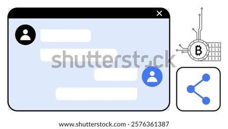 Chat window with user icons, blockchain element with Bitcoin symbol, and sharing icon on a light blue backdrop. Ideal for communication, technology, digital currency, online interaction, social