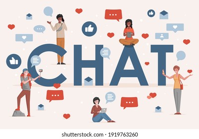 Chat word vector flat banner template. Happy people speaking on smartphones and video call, making video blog, searching on internet. Social media and online communication, video production concept.