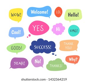 Chat words bubbles. Colorful thinking balloon conversion bubbling chatting comments information cloud comic voice shapes vector set. Message for dialog, bubble cloud speech, discussion illustration