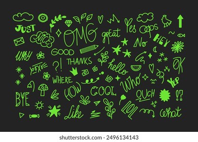 Chat words and doodles collection. Small hand drawn elements. Slang words, lettering of modern short phrases. Vector illustration set