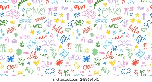 Chat words and doodles seamless pattern. Small hand drawn elements background. Slang words, lettering of modern short phrases. Vector illustration