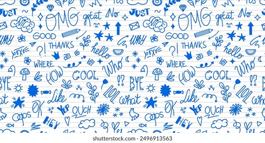 Chat words and doodles seamless pattern. Small hand drawn elements background. Slang words, lettering of modern short phrases. Vector illustration