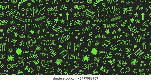 Chat words and doodles seamless pattern. Small hand drawn elements background. Slang words, lettering of modern short phrases. Vector illustration