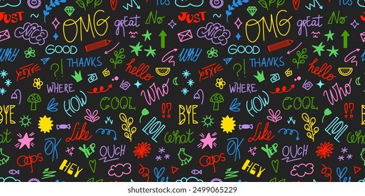 Chat words and doodles seamless pattern. Small hand drawn elements background. Slang words, lettering of modern short phrases. Vector illustration