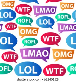 Chat words - LOL OMG WTF ROFL LMAO. Internet slang used in blog, chat, email, forum communication. Vector seamless pattern.