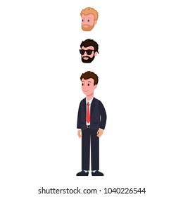 Chatacter creation options, allowing to choose another appearance of man with tie and smile, wearing formal clothes, isolated on vector illustration