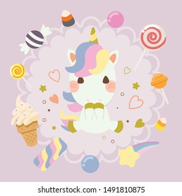 The chatacter of cute rainbow unicorn with the many candy in flat vector style. Illustration about unicorn 
for background, graphic,content , banner, sticker label and greeting card.