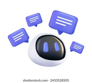 Chatbot 3D icon features speech bubbles around of robot head, symbolizing automated communication, machine learning, ai artificial intelligence algorithm. Vector 3D smart bot service symbol