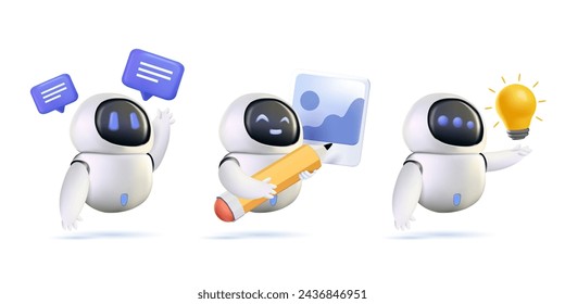 Chatbot 3D set. Online communication with artificial intelligence chat bot. Virtual dialog with ai assistant. Robot or android with artificial neuron network. Modern technology. 3D vector illustration