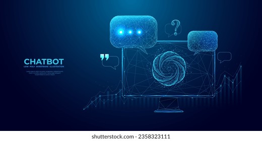 Chatbot abstract logo on a computer monitor screen and speech bubbles, question marks, and quote icons. Digital chatting artificial intelligence concept on technology blue background. Low poly vector