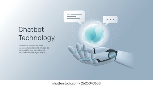 Chatbot abstract symbol in humanoid hand, Personal assistant and voice recognition concept gradient, Artificial Intelligence (AI) technology innovation background.