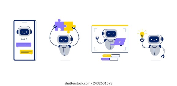 Chatbot or AI assistant in different tasks. Robot helps to find solutions, answers, and ideas. Vector flat illustrations isolated on a white background.