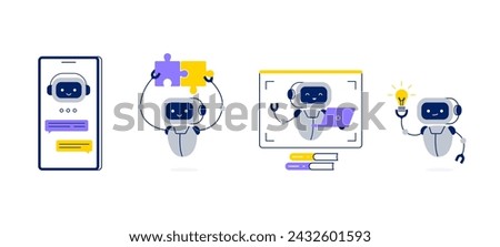 Chatbot or AI assistant in different tasks. Robot helps to find solutions, answers, and ideas. Vector flat illustrations isolated on a white background.