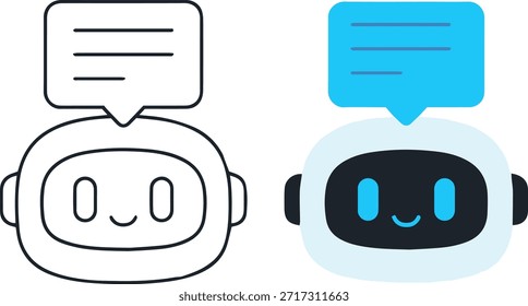 Conjunto de iconos de asistente de IA de chatbot, cara de robot lindo con símbolos de burbujas de discurso, Ilustración vectorial plana