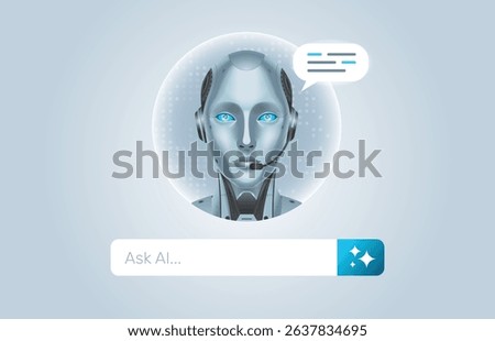 Chatbot and AI Assistant. Robot with search engine bar. Virtual smart assistant bot. Input prompt as commands for search and analysis.