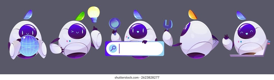 Chatbot AI assistant set - friendly robots display light bulb ideas, search bar, globe. Helpful androids hold wrench tools, magnifying glass. Round bot characters guide users and solve problems.