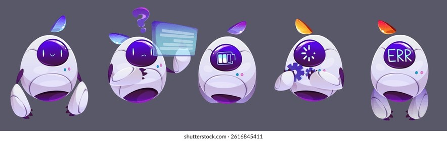 Chatbot AI character set - curious robot assistants. Quirky bots express confusion, show low battery, settings and error message. Friendly androids engage users, guide conversations, provide help.