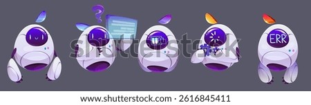 Chatbot AI character set - curious robot assistants. Quirky bots express confusion, show low battery, settings and error message. Friendly androids engage users, guide conversations, provide help.