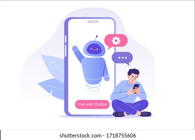 Chatbot ai and customer service concept. Young man talking with chatbot in a big smartphone screen. Chat bot virtual assistant via messaging. Customer support. Helping. Vector isolated illustration