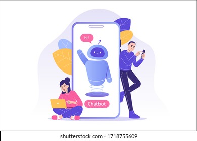 Chatbot ai and customer service concept. People talking with chat bot in a big smartphone screen. Chat bot virtual assistant via messaging. Customer support. Vector isolated illustration