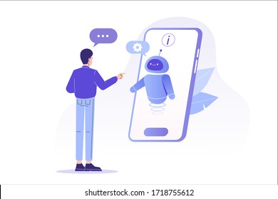 Chatbot ai and customer service concept. Young man talking with chatbot in a big smartphone screen. Chat bot virtual assistant via messaging. Customer support. Helping. Vector isolated illustration