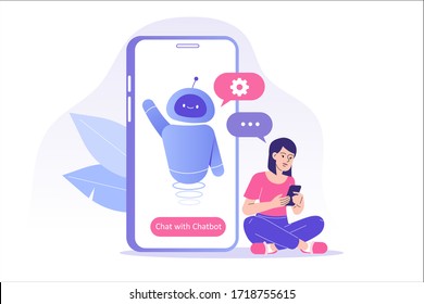 Chatbot ai and customer service concept. Young woman talking with chatbot in a big smartphone screen. Chat bot virtual assistant via messaging. Customer support. Helping. Vector isolated illustration