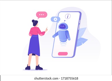 Concepto de asistencia y servicio al cliente de Chatbot. Mujer joven hablando con un robot en una gran pantalla de smartphone. Asistente virtual de robots de chat a través de mensajes. Asistencia al cliente. Ayudando. Ilustración aislada de vectores