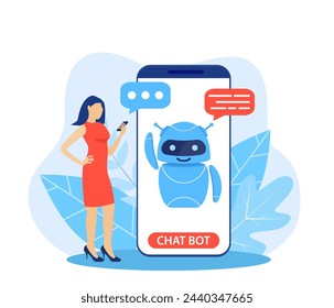 Chatbot-KI und Kundenservice-Konzept: Frau, die mit Chatbot in einem großen Smartphone-Bildschirm spricht. KI-Roboter-Assistent für die Benutzerkorrespondenz. Kundendienst. Helfen. Vektor-Illustration im flachen Stil