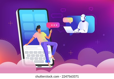 Chatbot ai and customer service helpdesk. Gradient vector illustration of man sitting on smartphone keyboard and texting to chatbot. Virtual intelligent assistant for consulting, support and help desk