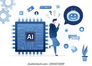 Chatbot ai y Servicio al cliente. Usuario hablando con el bot de chat. Personaje masculino de pie cerca de chip gigante con IA. Chat bot asistente virtual a través de mensajería. Asistencia al cliente. Ilustración vectorial plana