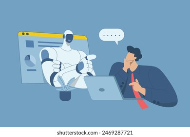 Chatbot AI comunicación en línea, Conversaciones automatizadas de texto o voz, Robot responder preguntas del Cliente en servicios de chatbot, Aumentar la eficacia en los negocios, Ilustración de diseño de Vector.