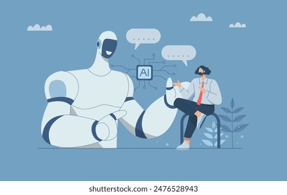 Chatbot AI-Onlinekommunikation, Automatisierte Text- oder Sprachunterhaltungen, Roboter beantworten Kunde-Fragen in Chatbot-Dienstleistungen, Kollaboration zwischen Menschen und Künstlicher Intelligenz.Vektorgrafik Design.