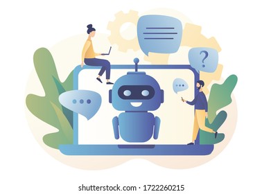 Bot de charla. Asistente de robots de AI, soporte al cliente en línea. Pequeñas personas conversando con un robot de chat en una laptop. Estilo moderno de caricatura plana. Ilustración del vector sobre fondo blanco