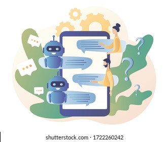Chatbot. AI robot assistant, online customer support. Tiny people chatting with chatbot application. Modern flat cartoon style. Vector illustration on white background