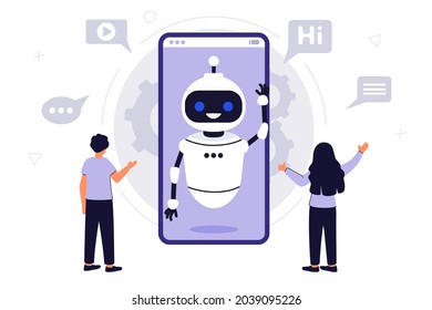 Chatbot AI robot assistant for user correspondence Simulated question or answer service Artificial software discussion Dialog help service Flat tiny virtual smartphone conversation persons concept