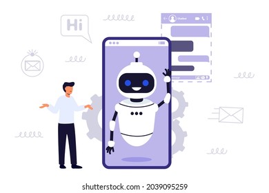 Robot de Chatbot AI asistente de robots para la correspondencia de los usuarios Servicio de preguntas y respuestas simuladas Discusión artificial de software Diálogo Ayuda Servicio de ayuda Concepto de diminutas conversaciones virtuales sobre smartphones