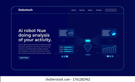 Chatbot analysing activities website landing page concept. Online bot analysing website ui design. Virtual Assistant, ML,  Artificial intelligence processing big data with future technology.
