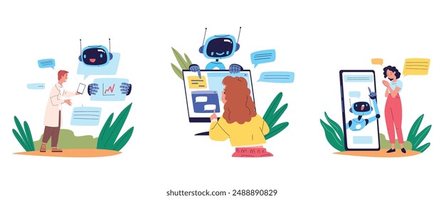 Chatbot answer customer. Robot assistant support service for people, ai technology user help internet online chat assistance in smartphone app or computer, vector illustration authors graphics