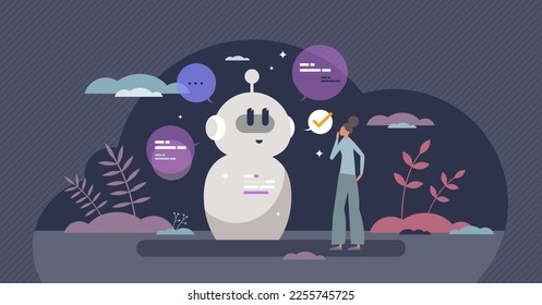 Chatbot answering user prompts with AI communication tiny person concept. Chat bot technology for customer support and automatic help center vector illustration. Digital communication with text app.