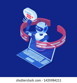 Chatbot app color vector isometric illustration. AI futuristic robot on laptop screen, virtual assistant 3d cartoon character. Artificial intelligence, online assistant, future technology