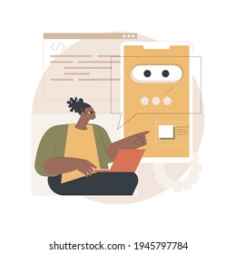 Chatbot app development abstract concept vector illustration. Chatbot application, bot development framework, AI programming, messaging mobile app, communication service, UX abstract metaphor.