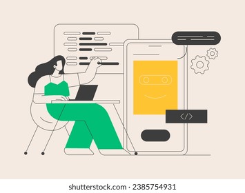 Ilustración vectorial del concepto abstracta de desarrollo de aplicaciones de chatbot. Aplicación de Chatbot, marco de desarrollo de bots, programación de IA, aplicación móvil de mensajería, servicio de comunicación, metáfora abstracta UX.