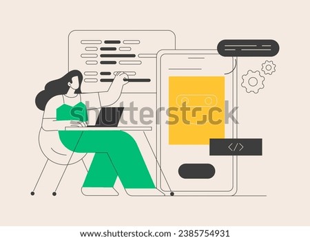 Chatbot app development abstract concept vector illustration. Chatbot application, bot development framework, AI programming, messaging mobile app, communication service, UX abstract metaphor.