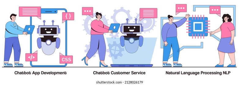 Chatbot app development, customer service and natural language processing concept with people characters. AI programming vector illustration pack. Client support, web chat, machine learning metaphor.