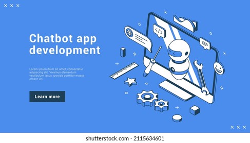 Chatbot app development online advertising landing page vector isometric illustration. Robotic artificial intelligence AI future marketing internet dialog help service customers support