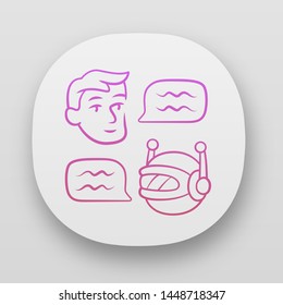 Chatbot app icon. Online customer support robot. Help service. Man chatting with bot. Artificial intelligence. UI/UX user interface. Web or mobile applications. Vector isolated illustrations